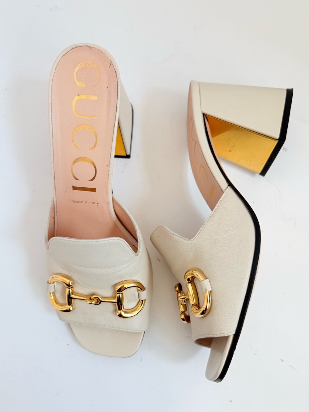 Gucci baby Horsebit Mules 39.5 Mystic White Nappa Leather block heels US 9.5